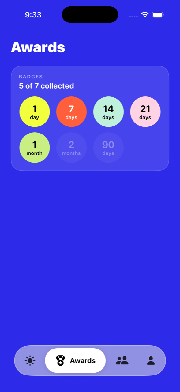 Dry Run awards — colorful milestone badges, 5 of 7 collected