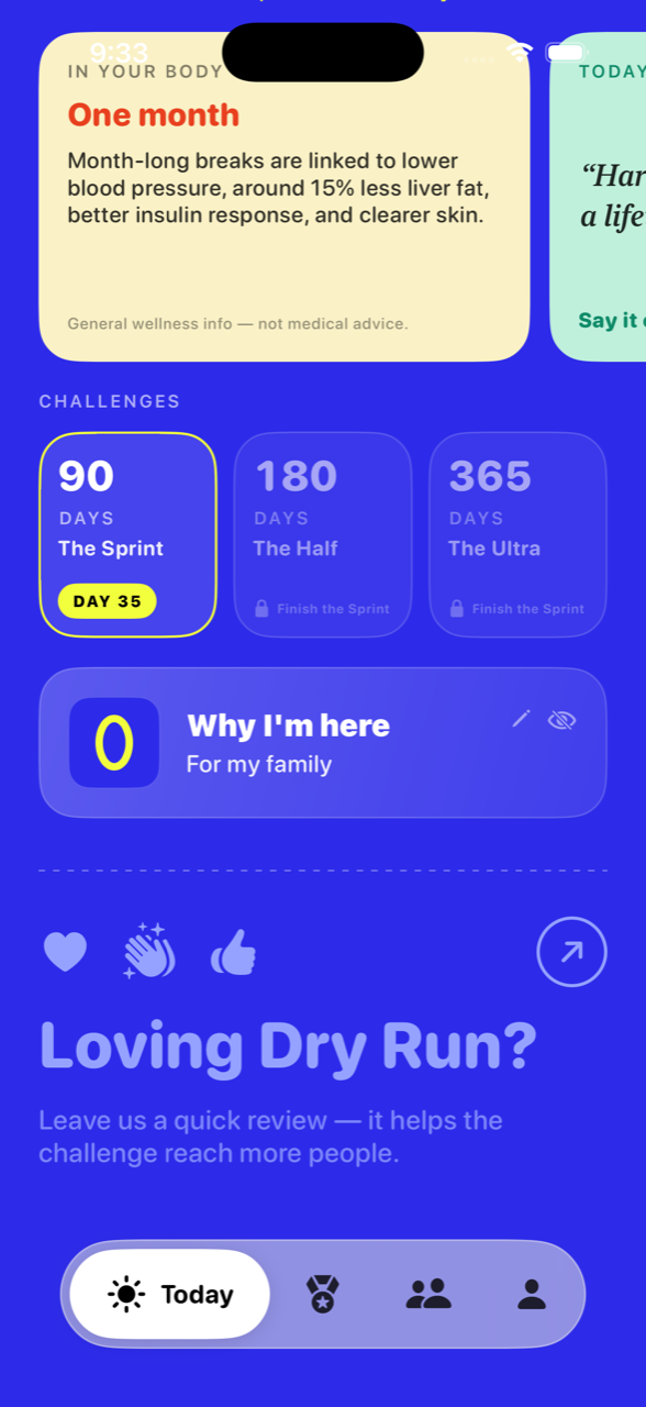 Dry Run Today page — daily science card, three challenges, and your why