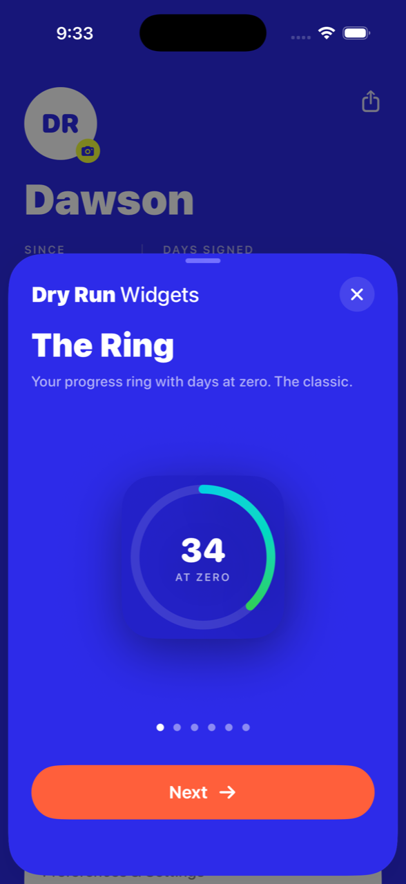 Dry Run widget gallery — The Ring widget showing 34 days at zero